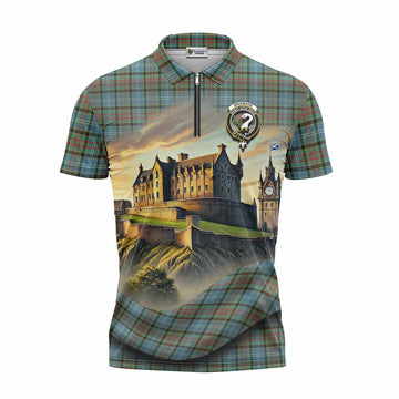 Brisbane Tartan Family Crest Zipper Polo Shirt with Scottish Ancient Castle Style