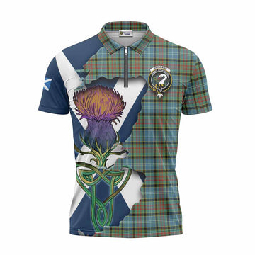 Brisbane Tartan Family Crest Zipper Polo Shirt Scottish Thistle Celtic Inspired