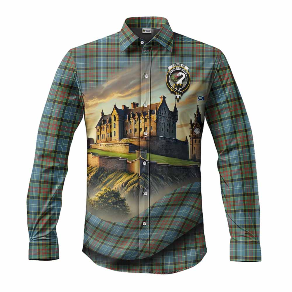 Tartan Vibes Clothing Brisbane Tartan Family Crest Long Sleeve Button Shirt with Scottish Ancient Castle Style