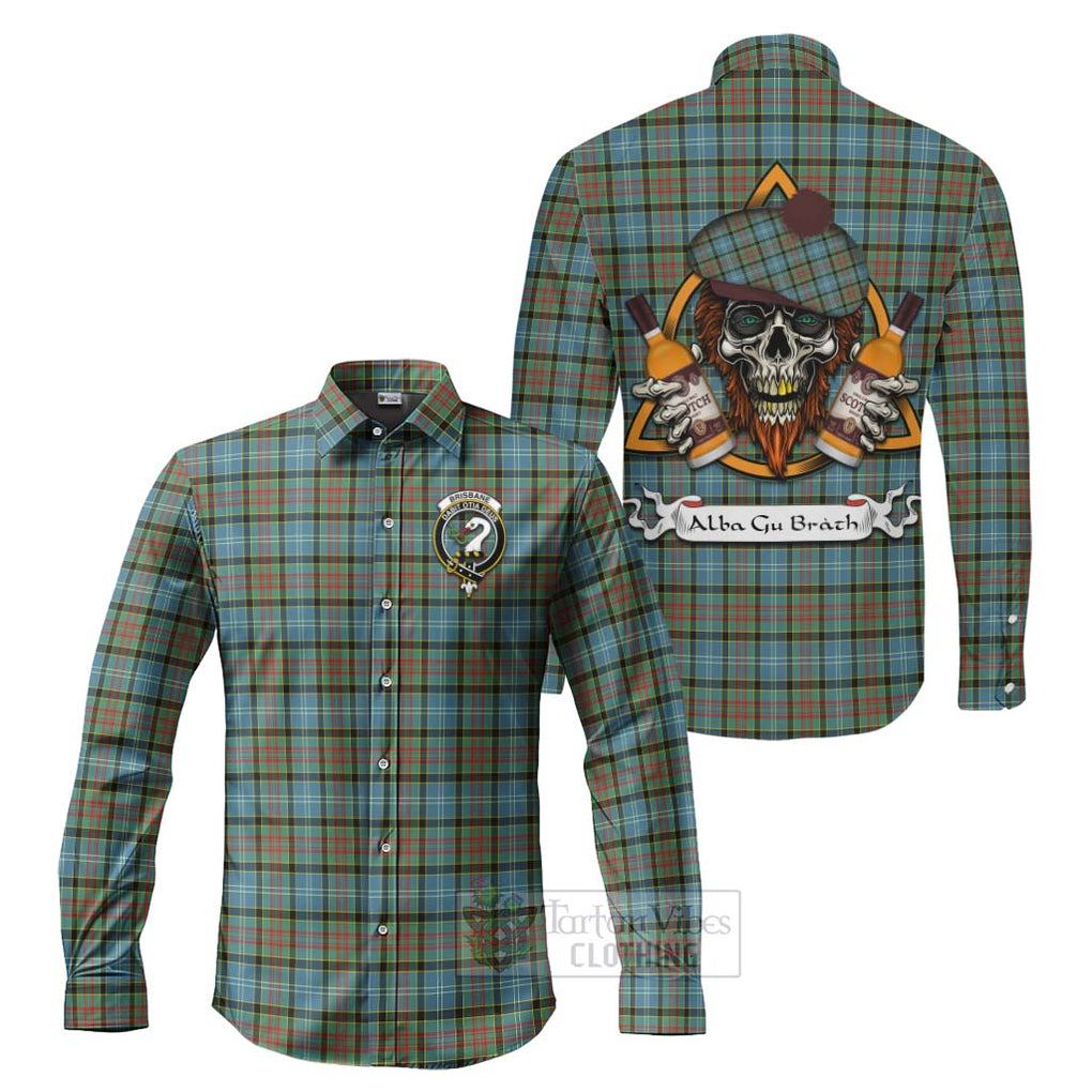 Tartan Vibes Clothing Brisbane Tartan Long Sleeve Button Shirt with Family Crest and Bearded Skull Holding Bottles of Whiskey
