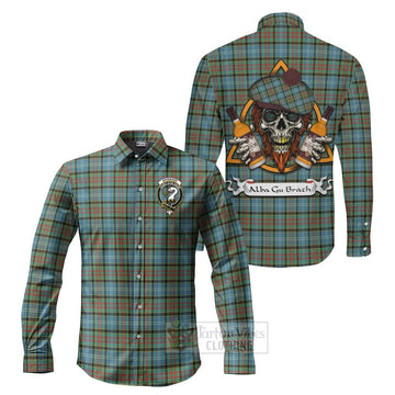 Brisbane Tartan Long Sleeve Button Shirt with Family Crest and Bearded Skull Holding Bottles of Whiskey