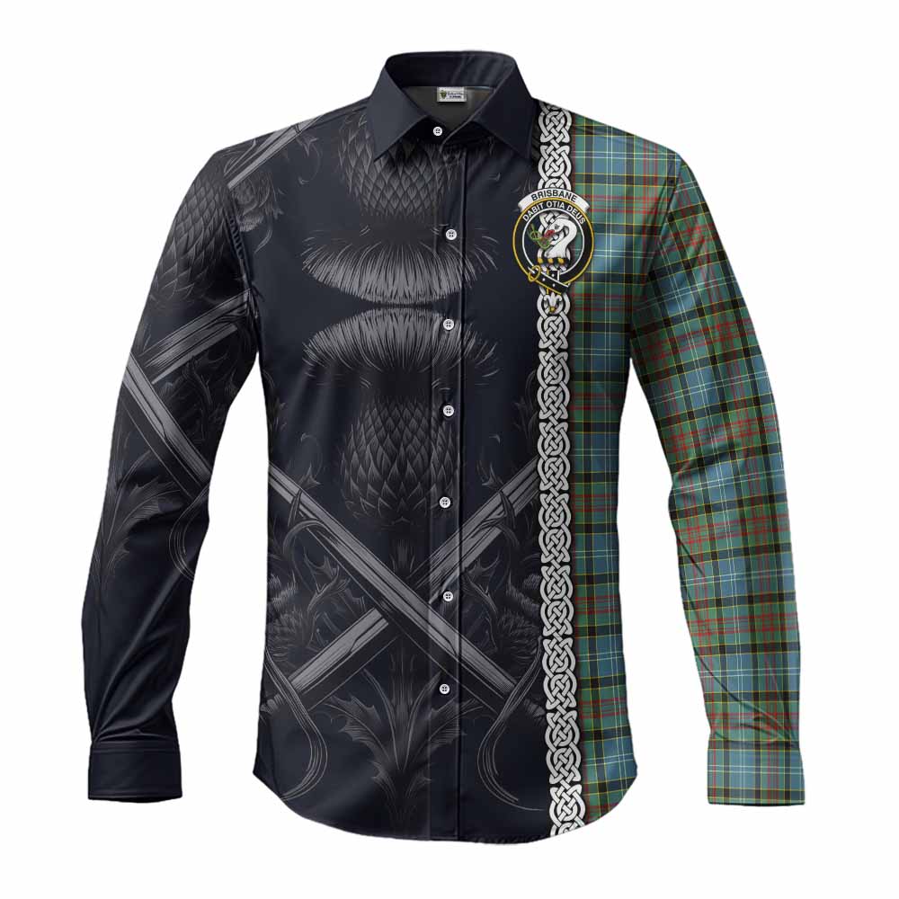 Tartan Vibes Clothing Brisbane Tartan Long Sleeve Button Shirt with Family Crest Cross Sword Thistle Celtic Vibes