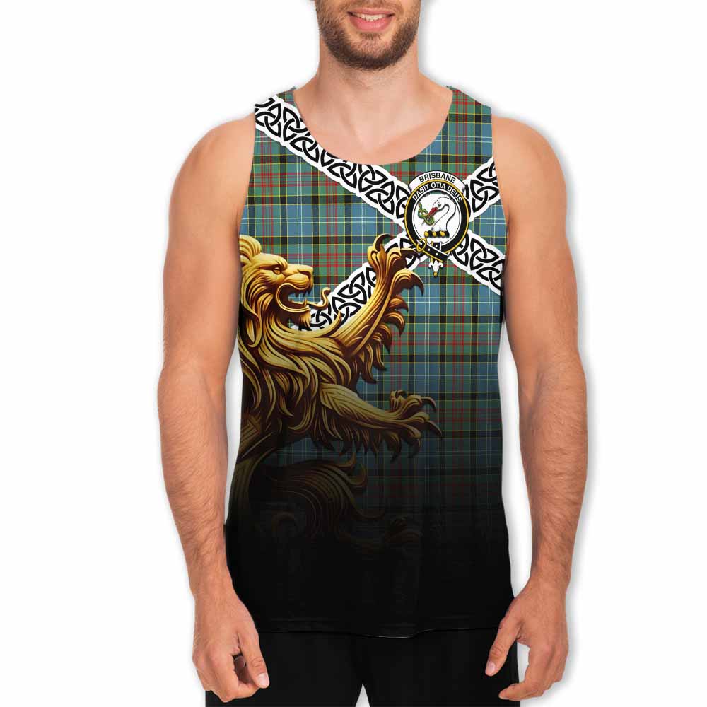 Tartan Vibes Clothing Brisbane Crest Tartan Men's Tank Top with Golden Lion Emblem Celtic Style
