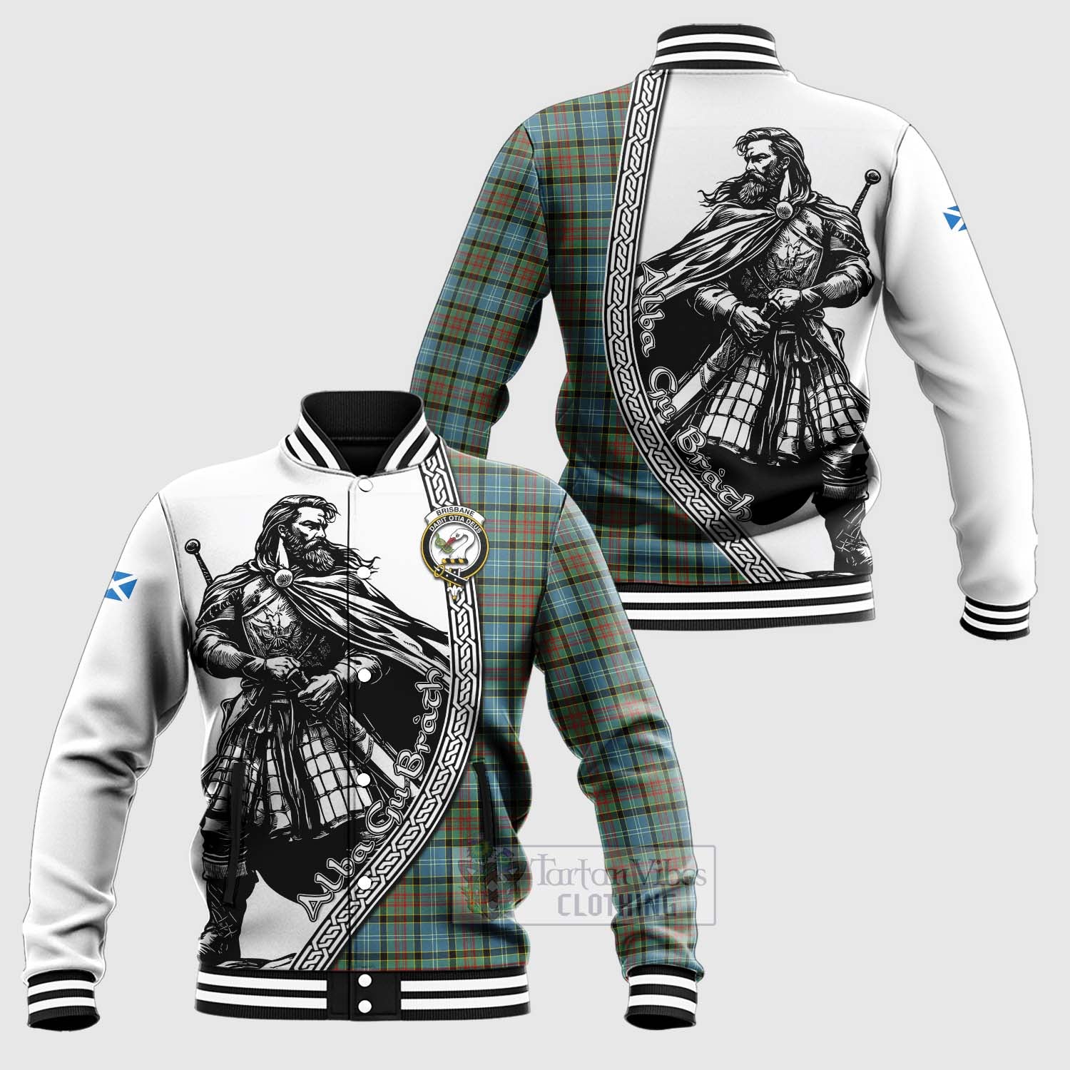 Tartan Vibes Clothing Brisbane Tartan Clan Crest Baseball Jacket with Highlander Warrior Celtic Style