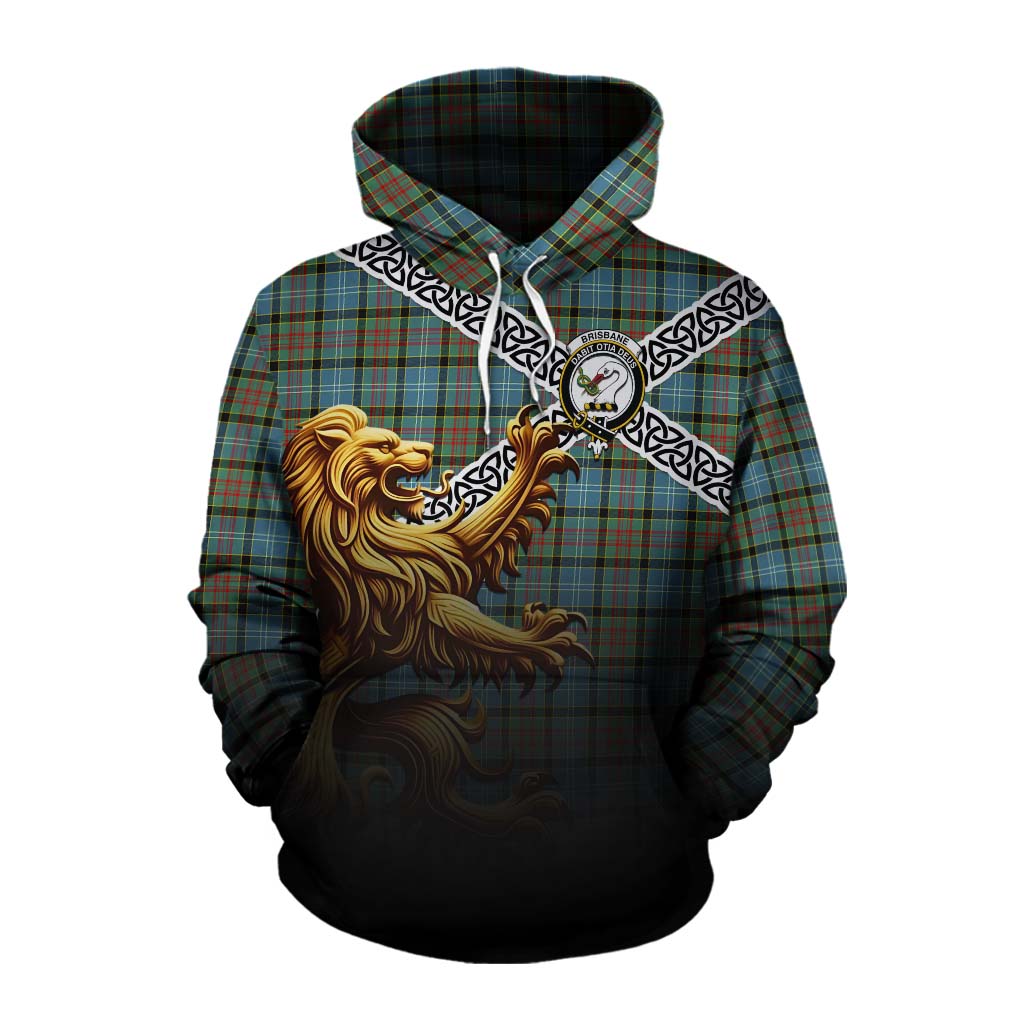 Tartan Vibes Clothing Brisbane Crest Tartan Cotton Hoodie with Golden Lion Emblem Celtic Style