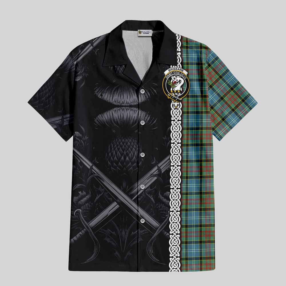 Tartan Vibes Clothing Brisbane Tartan Short Sleeve Button Shirt with Family Crest Cross Sword Thistle Celtic Vibes