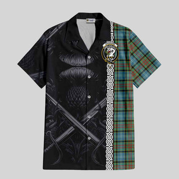 Tartan Vibes Clothing Brisbane Tartan Short Sleeve Button Shirt with Family Crest Cross Sword Thistle Celtic Vibes