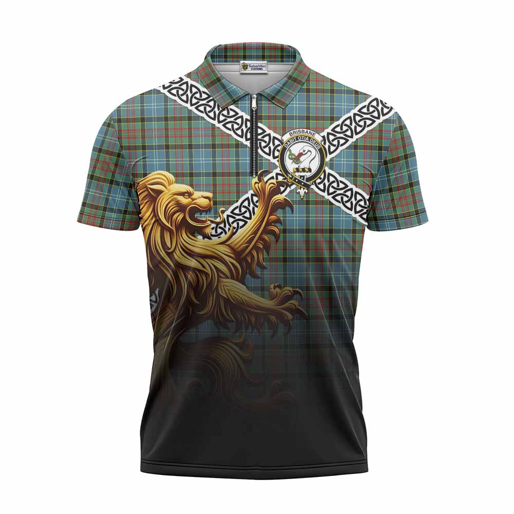 Tartan Vibes Clothing Brisbane Crest Tartan Zipper Polo Shirt with Golden Lion Emblem Celtic Style