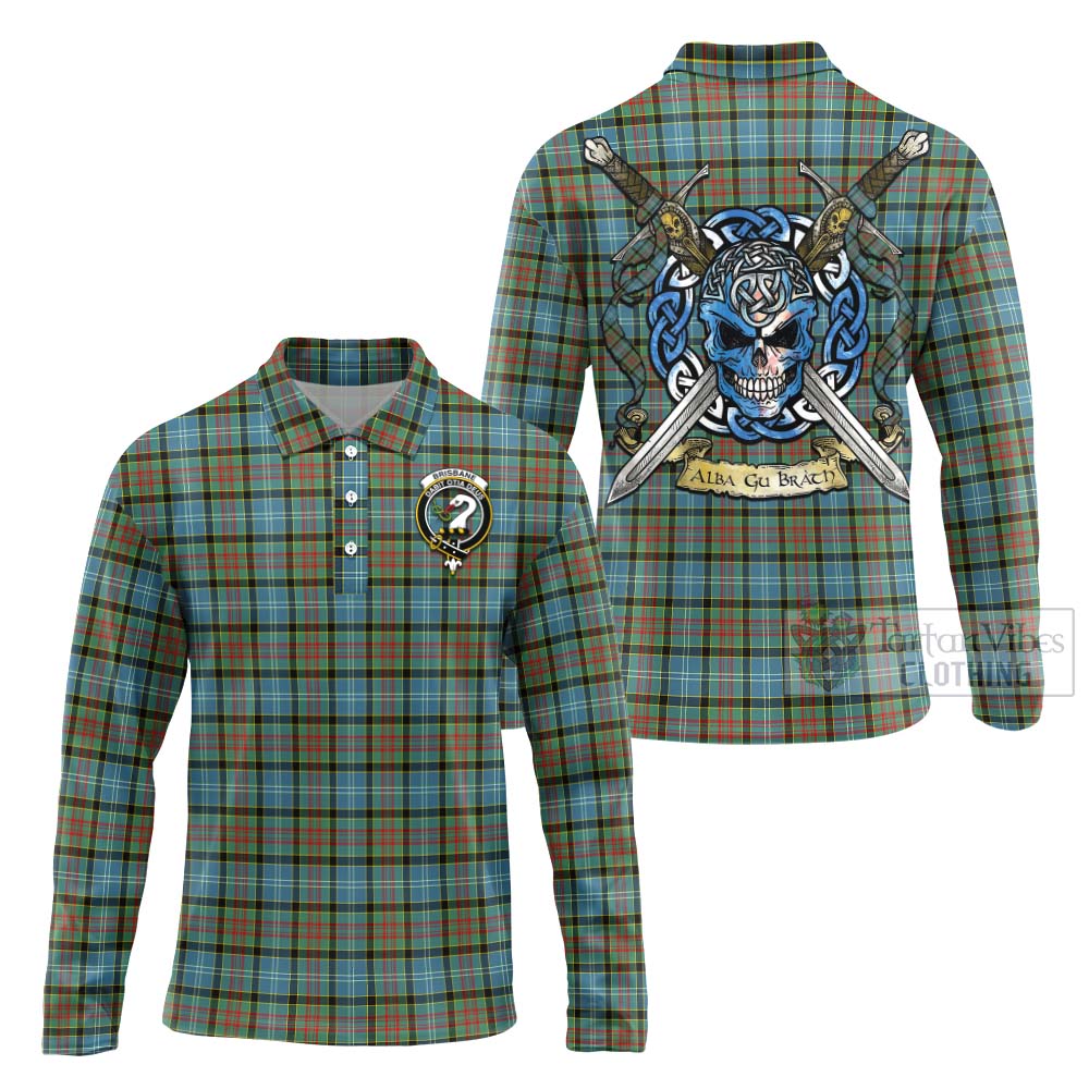 Tartan Vibes Clothing Brisbane Tartan Long Sleeve Polo Shirt with Family Crest Celtic Skull Style
