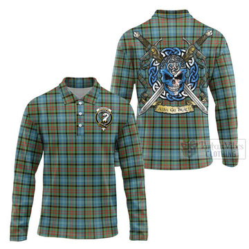 Tartan Vibes Clothing Brisbane Tartan Long Sleeve Polo Shirt with Family Crest Celtic Skull Style