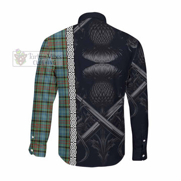 Brisbane Tartan Long Sleeve Button Shirt with Family Crest Cross Sword Thistle Celtic Vibes