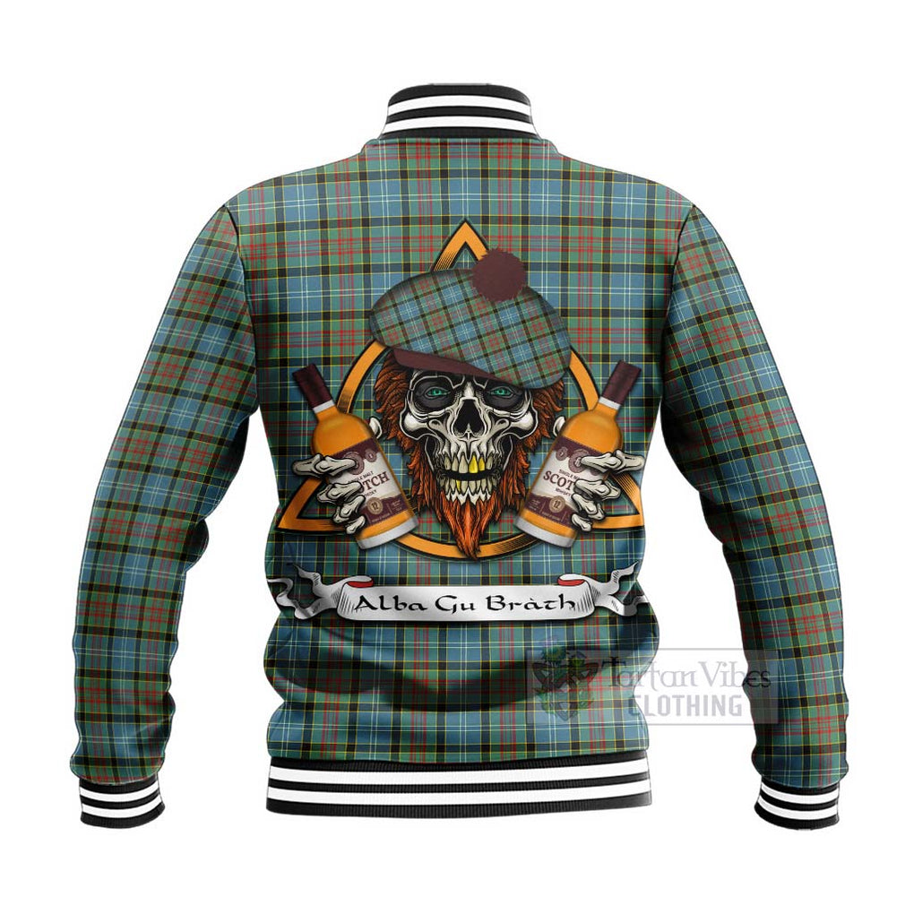Tartan Vibes Clothing Brisbane Tartan Baseball Jacket with Family Crest and Bearded Skull Holding Bottles of Whiskey