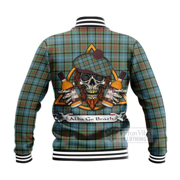 Tartan Vibes Clothing Brisbane Tartan Baseball Jacket with Family Crest and Bearded Skull Holding Bottles of Whiskey