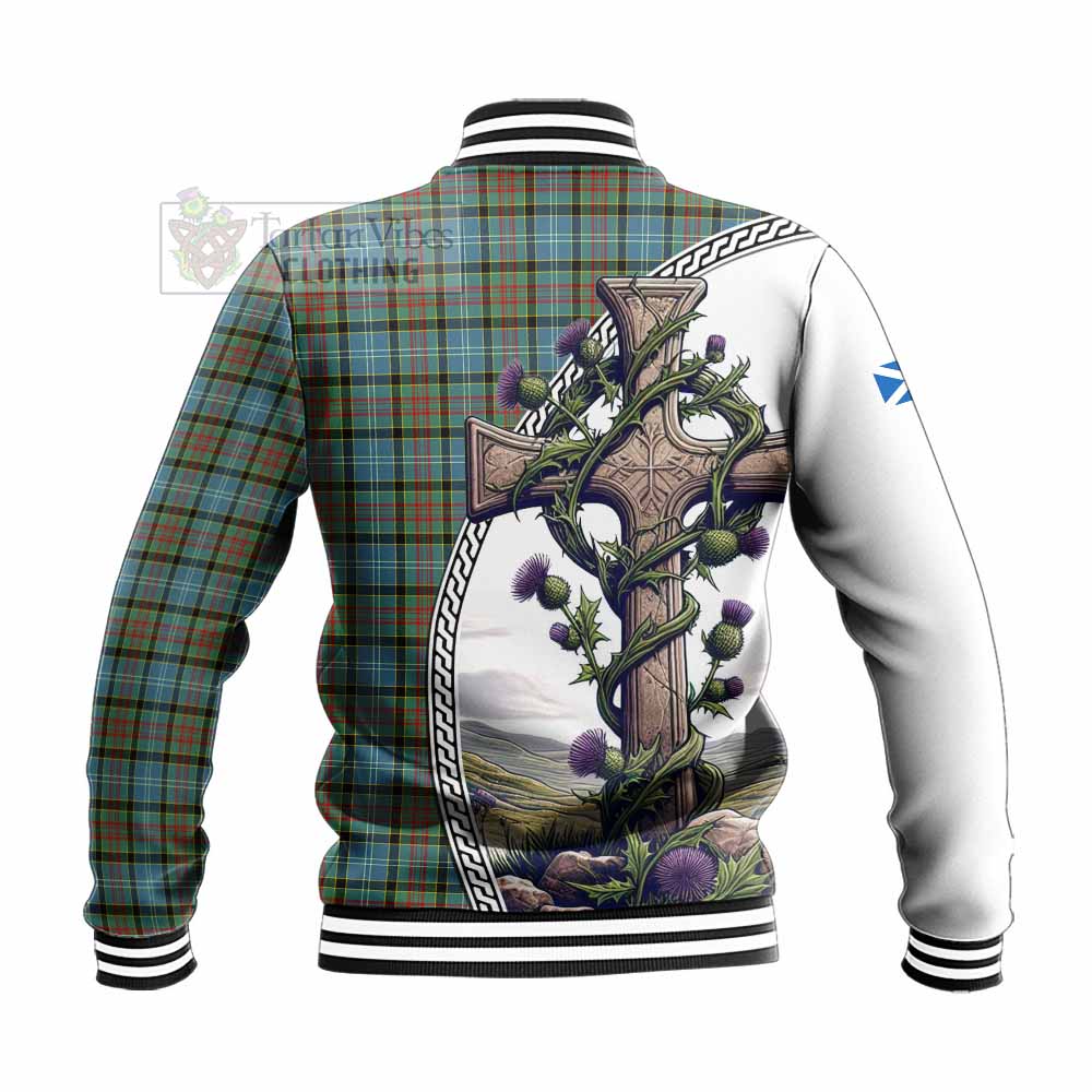 Tartan Vibes Clothing Brisbane Tartan Baseball Jacket with Family Crest and St. Andrew's Cross Accented by Thistle Vines