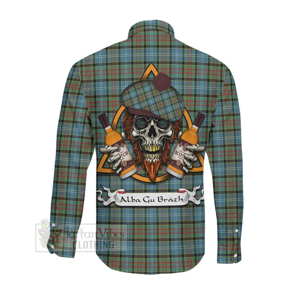 Tartan Vibes Clothing Brisbane Tartan Long Sleeve Button Shirt with Family Crest and Bearded Skull Holding Bottles of Whiskey