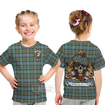 Tartan Vibes Clothing Brisbane Tartan Kid T-Shirt with Family Crest and Bearded Skull Holding Bottles of Whiskey