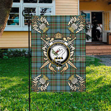 Brisbane Tartan Garden Flag with Family Crest and Golden Thistle Crossed Sword Design