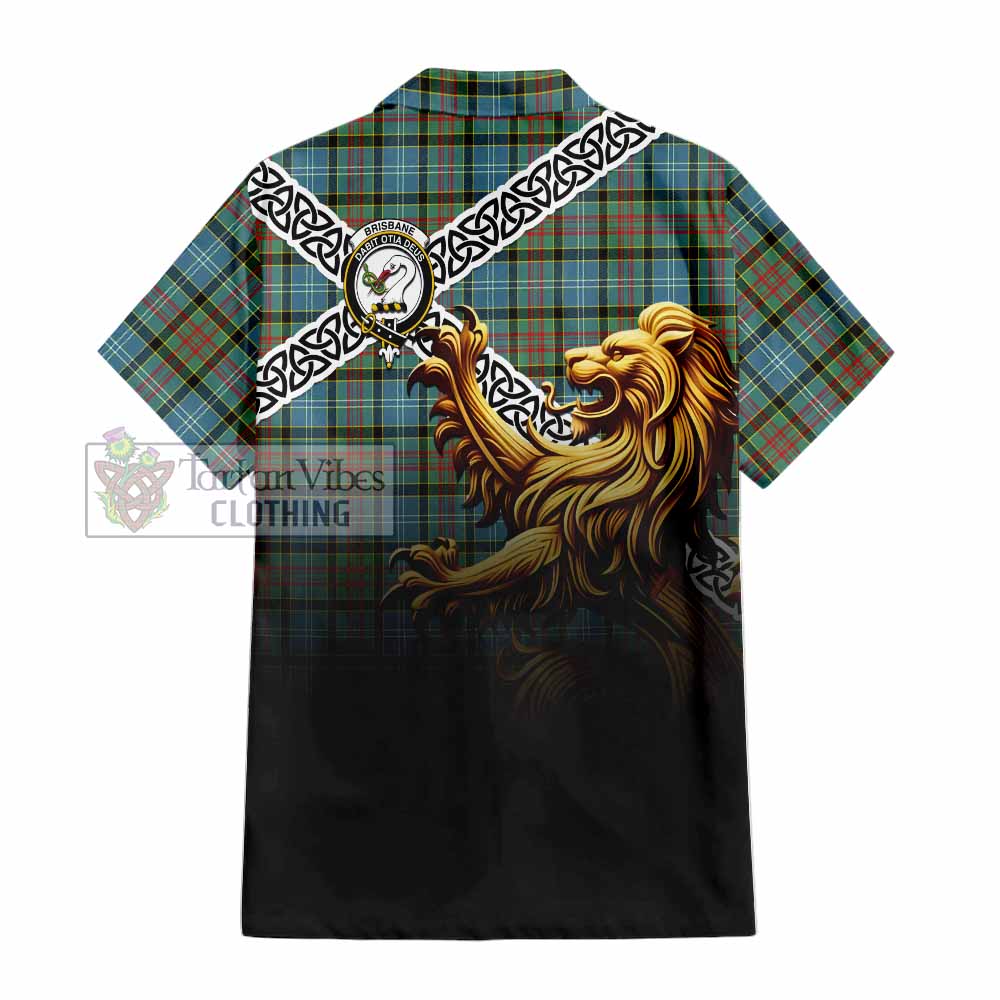 Tartan Vibes Clothing Brisbane Crest Tartan Short Sleeve Button Shirt with Golden Lion Emblem Celtic Style