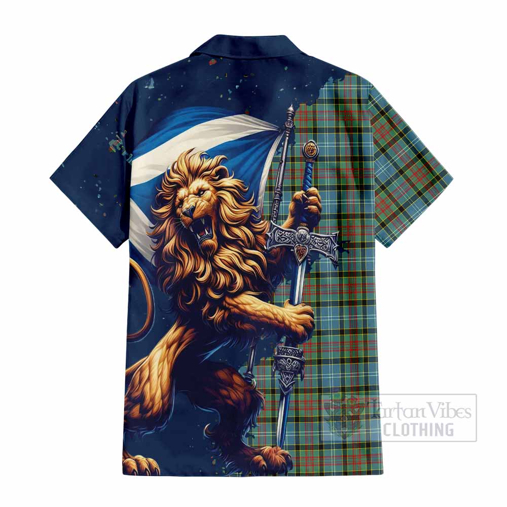 Tartan Vibes Clothing Brisbane Tartan Family Crest Short Sleeve Button Shirt with Scottish Majestic Lion