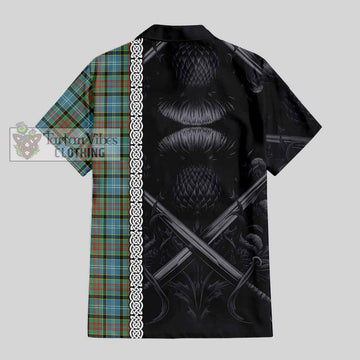 Tartan Vibes Clothing Brisbane Tartan Short Sleeve Button Shirt with Family Crest Cross Sword Thistle Celtic Vibes