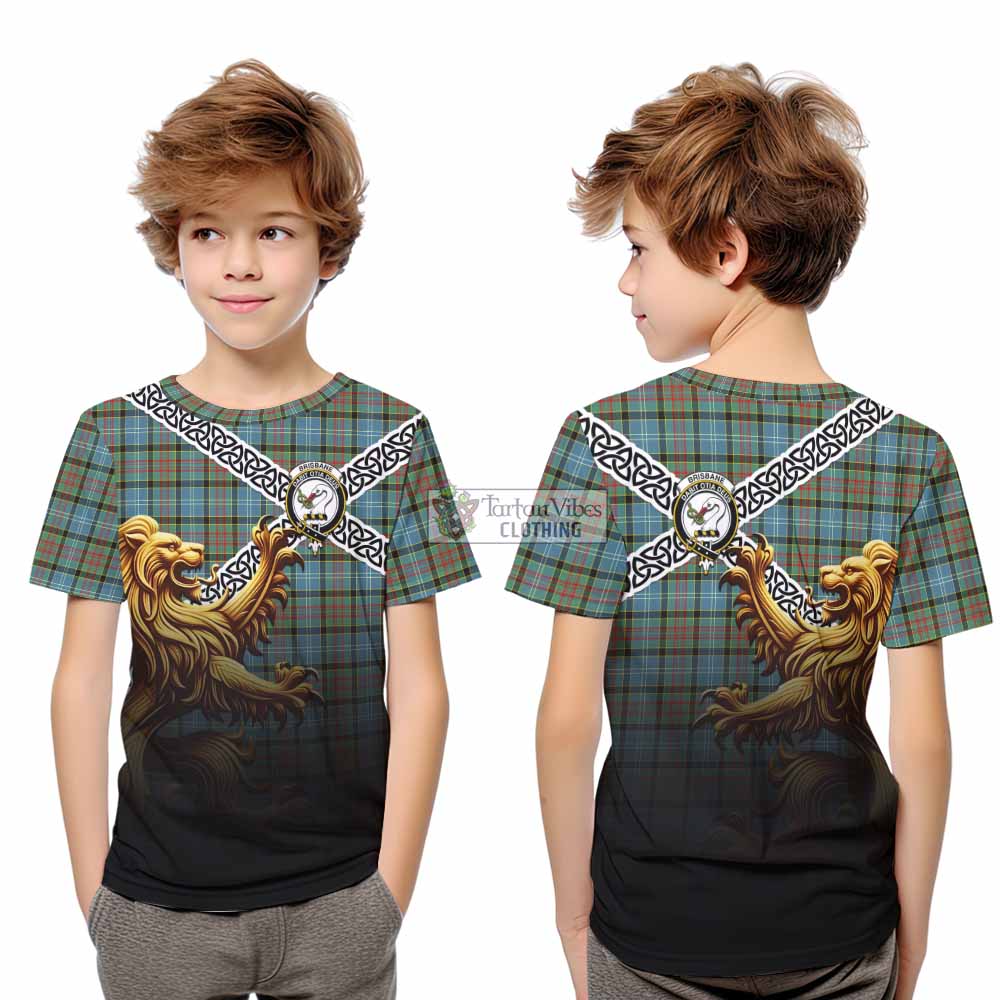 Tartan Vibes Clothing Brisbane Crest Tartan Kid T-Shirt with Golden Lion Emblem Celtic Style