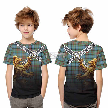 Brisbane Crest Tartan Kid T-Shirt with Golden Lion Emblem Celtic Style
