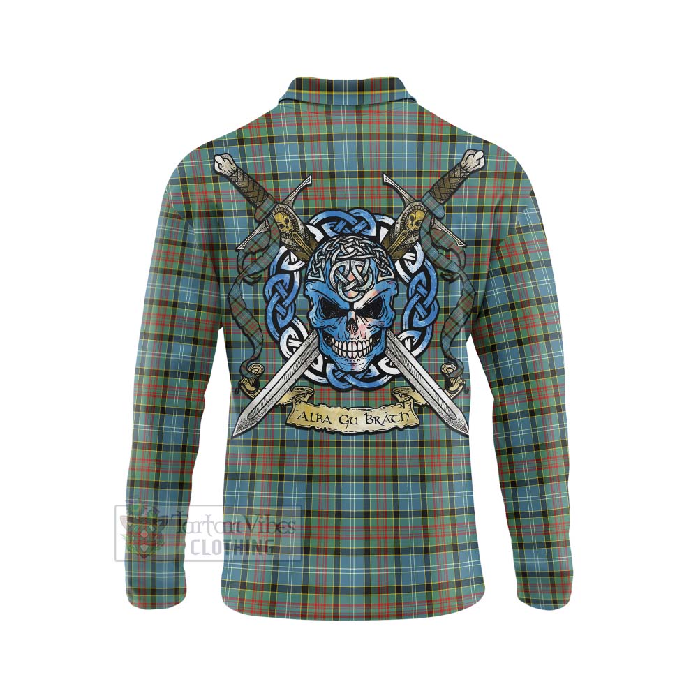 Tartan Vibes Clothing Brisbane Tartan Long Sleeve Polo Shirt with Family Crest Celtic Skull Style