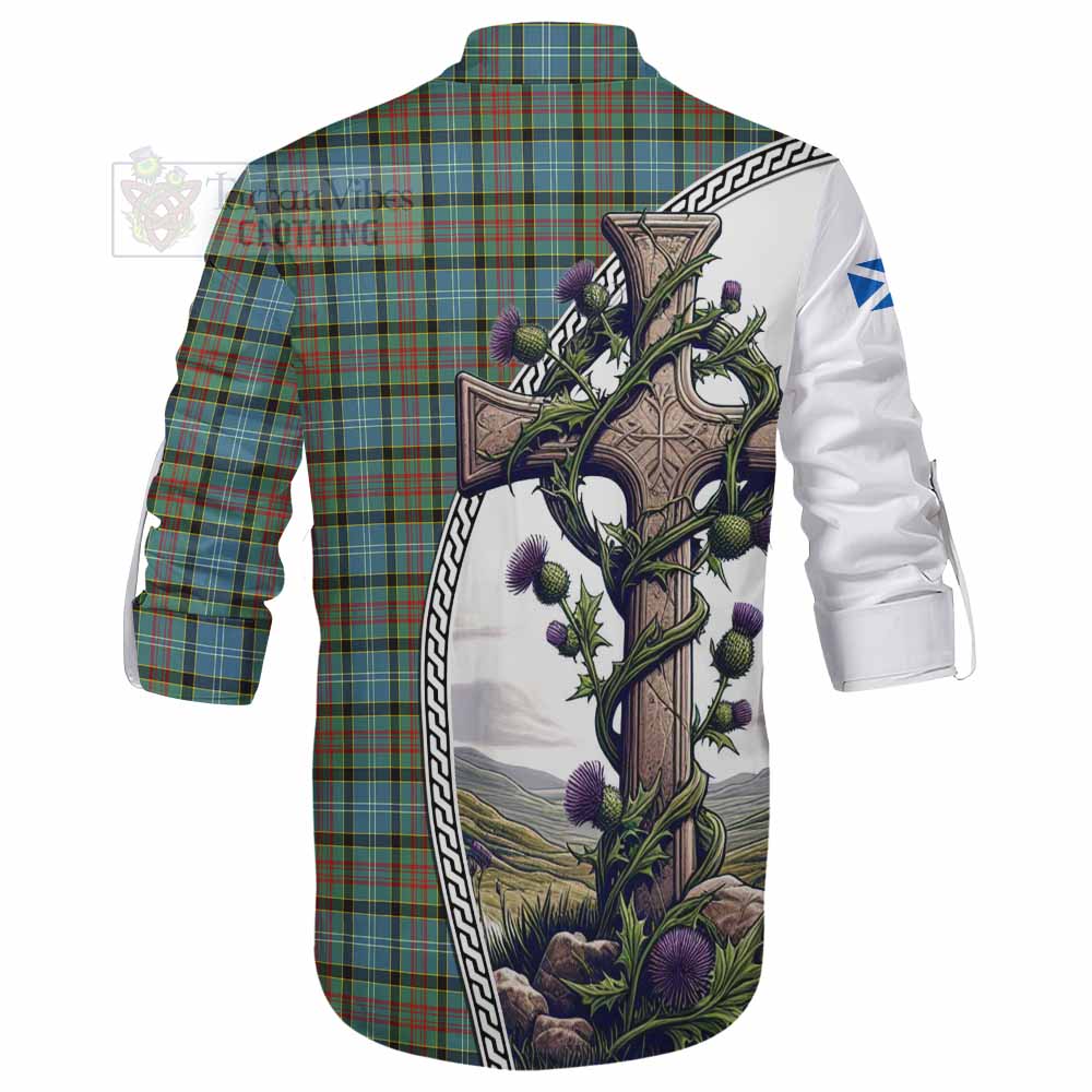 Tartan Vibes Clothing Brisbane Tartan Ghillie Kilt Shirt with Family Crest and St. Andrew's Cross Accented by Thistle Vines