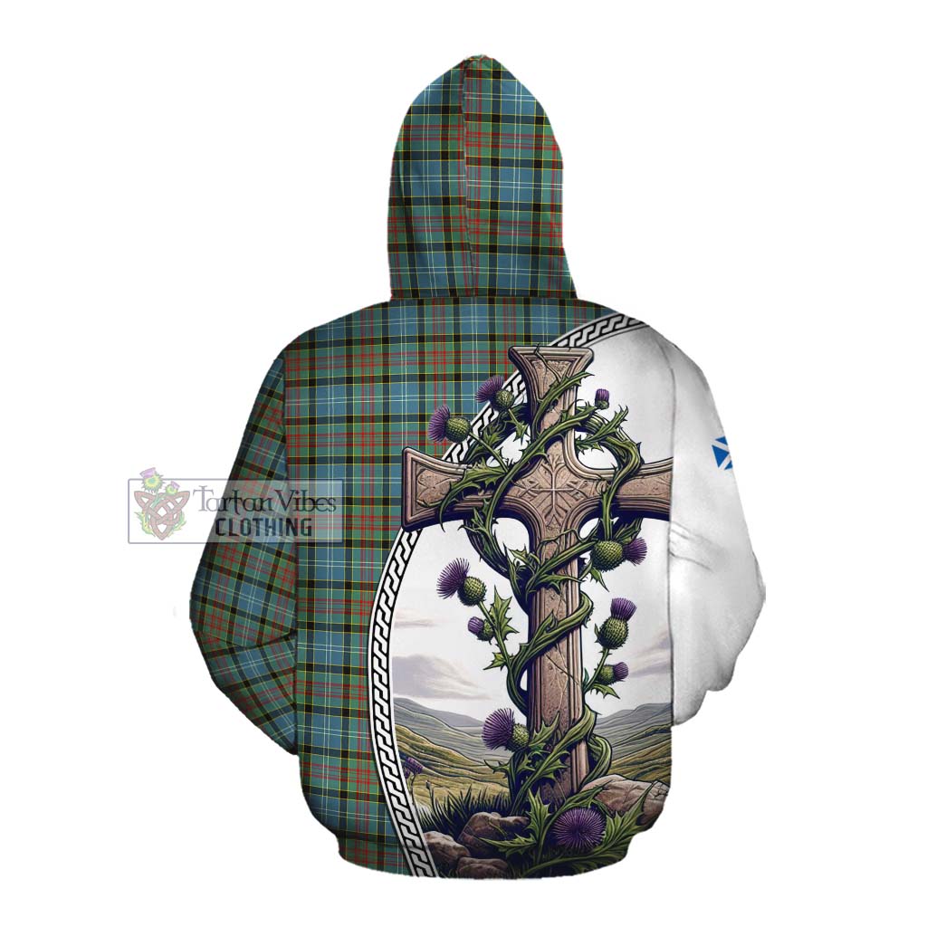 Tartan Vibes Clothing Brisbane Tartan Cotton Hoodie with Family Crest and St. Andrew's Cross Accented by Thistle Vines