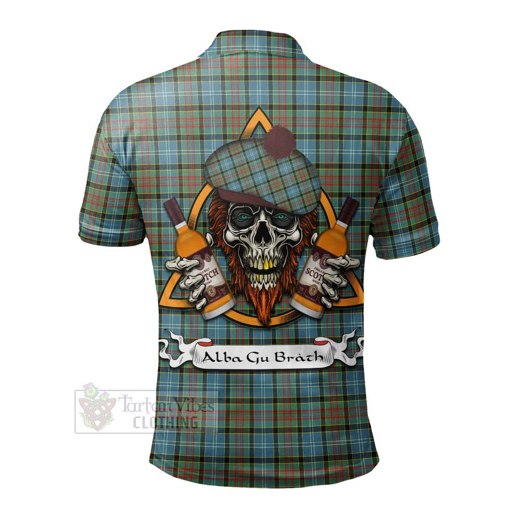 Tartan Vibes Clothing Brisbane Tartan Polo Shirt with Family Crest and Bearded Skull Holding Bottles of Whiskey