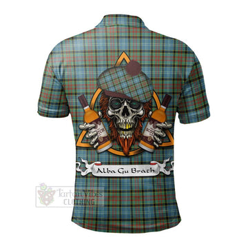 Tartan Vibes Clothing Brisbane Tartan Polo Shirt with Family Crest and Bearded Skull Holding Bottles of Whiskey