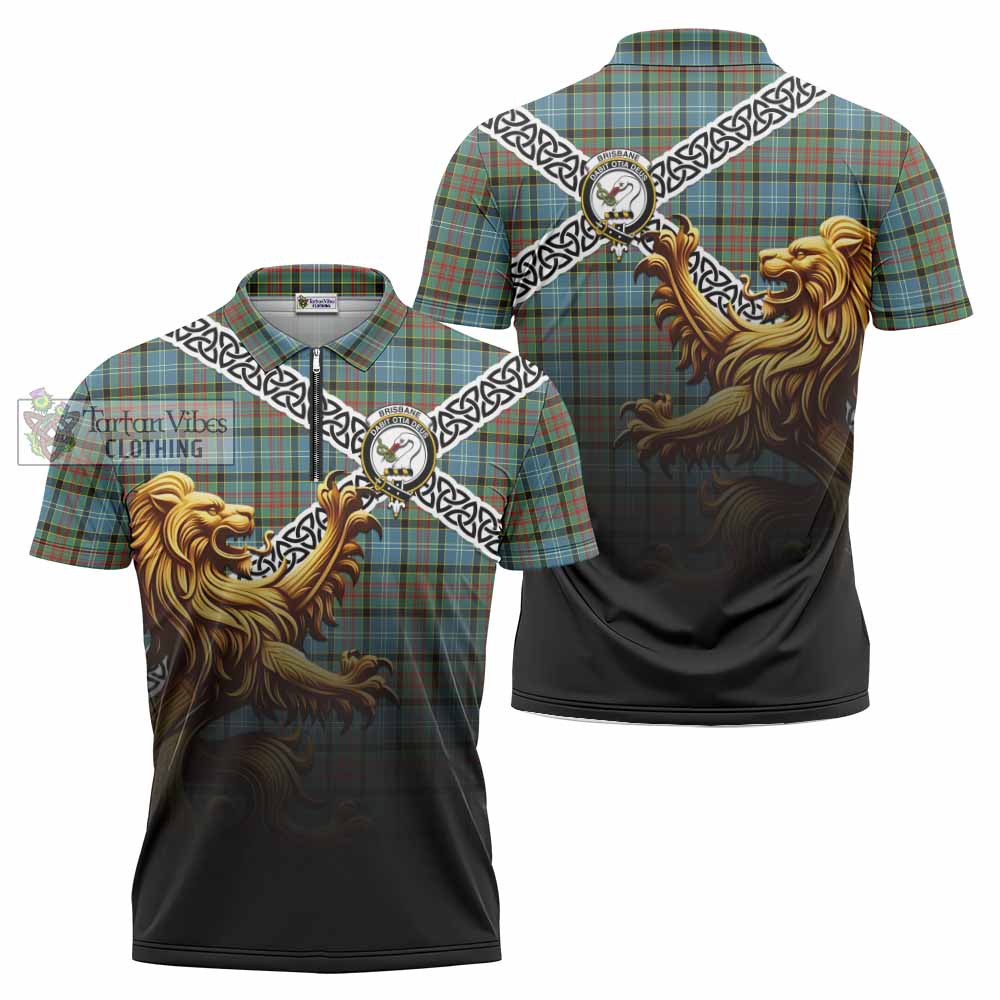 Tartan Vibes Clothing Brisbane Crest Tartan Zipper Polo Shirt with Golden Lion Emblem Celtic Style