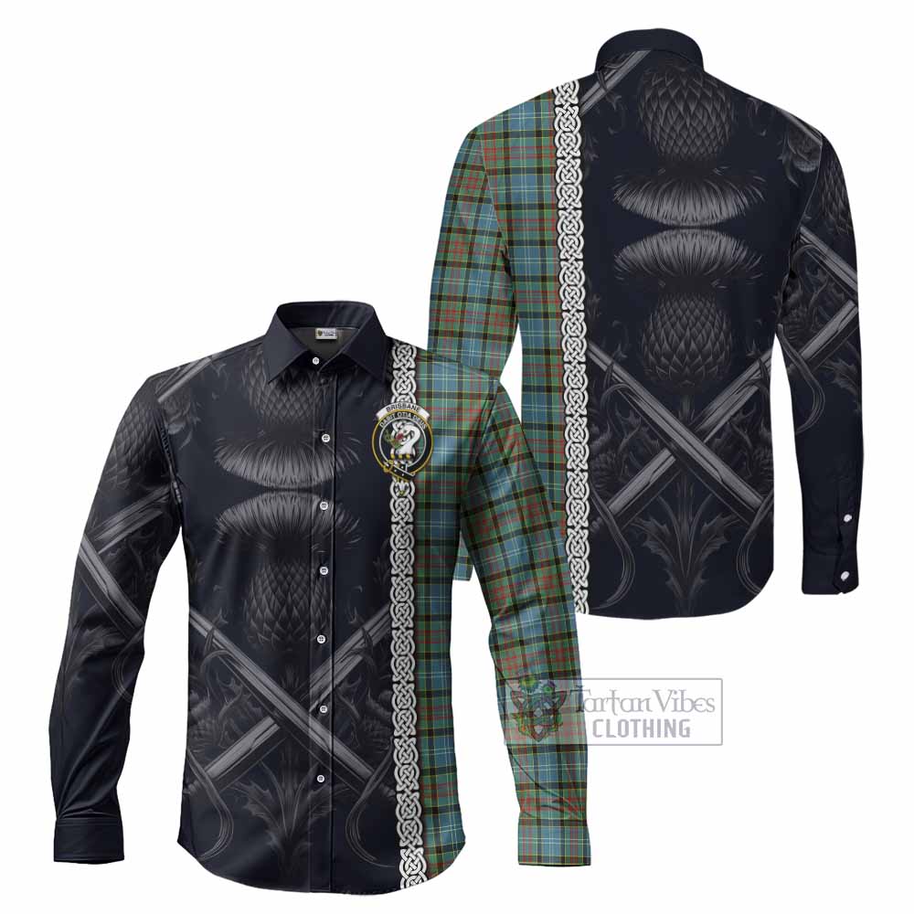 Tartan Vibes Clothing Brisbane Tartan Long Sleeve Button Shirt with Family Crest Cross Sword Thistle Celtic Vibes
