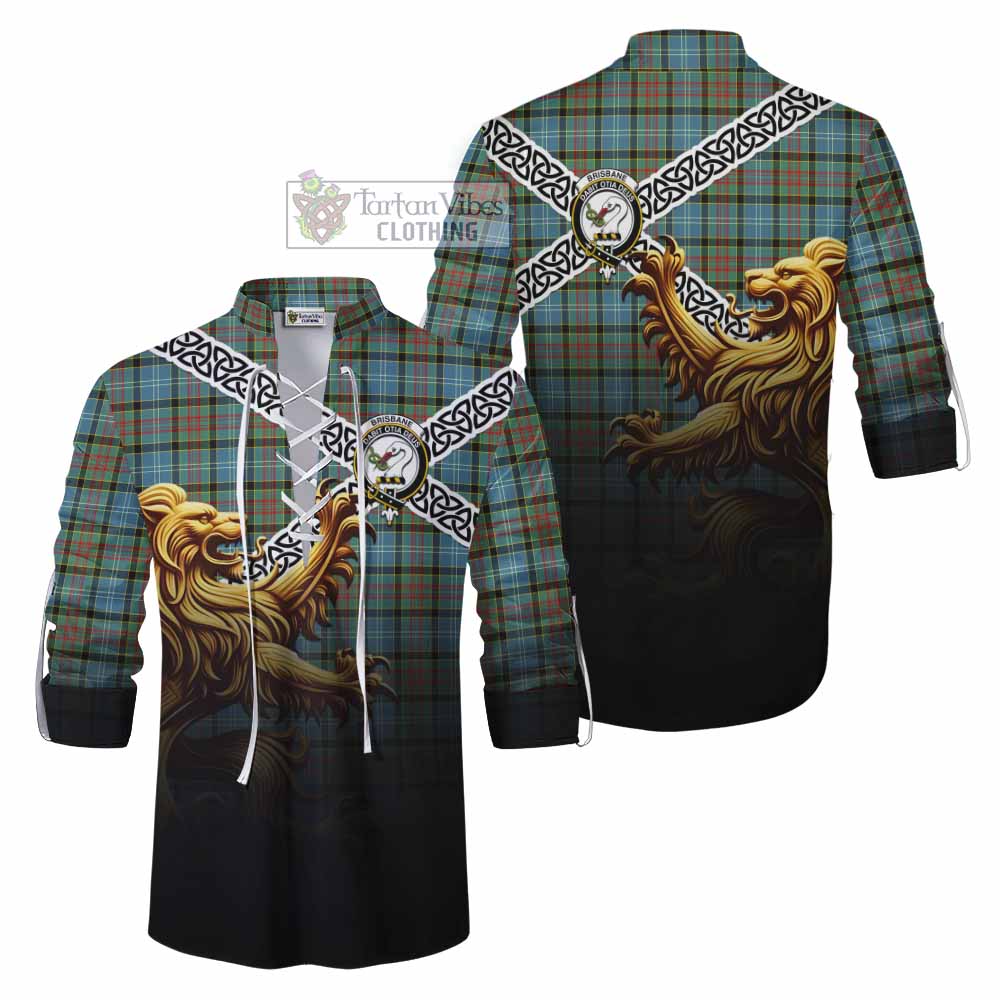 Tartan Vibes Clothing Brisbane Crest Tartan Ghillie Kilt Shirt with Golden Lion Emblem Celtic Style