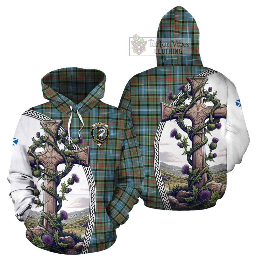 Tartan Vibes Clothing Brisbane Tartan Cotton Hoodie with Family Crest and St. Andrew's Cross Accented by Thistle Vines