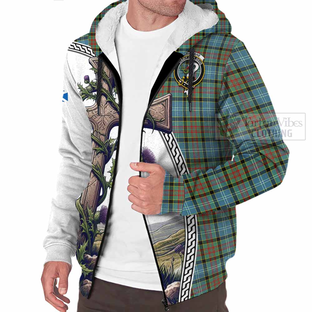 Tartan Vibes Clothing Brisbane Tartan Sherpa Hoodie with Family Crest and St. Andrew's Cross Accented by Thistle Vines