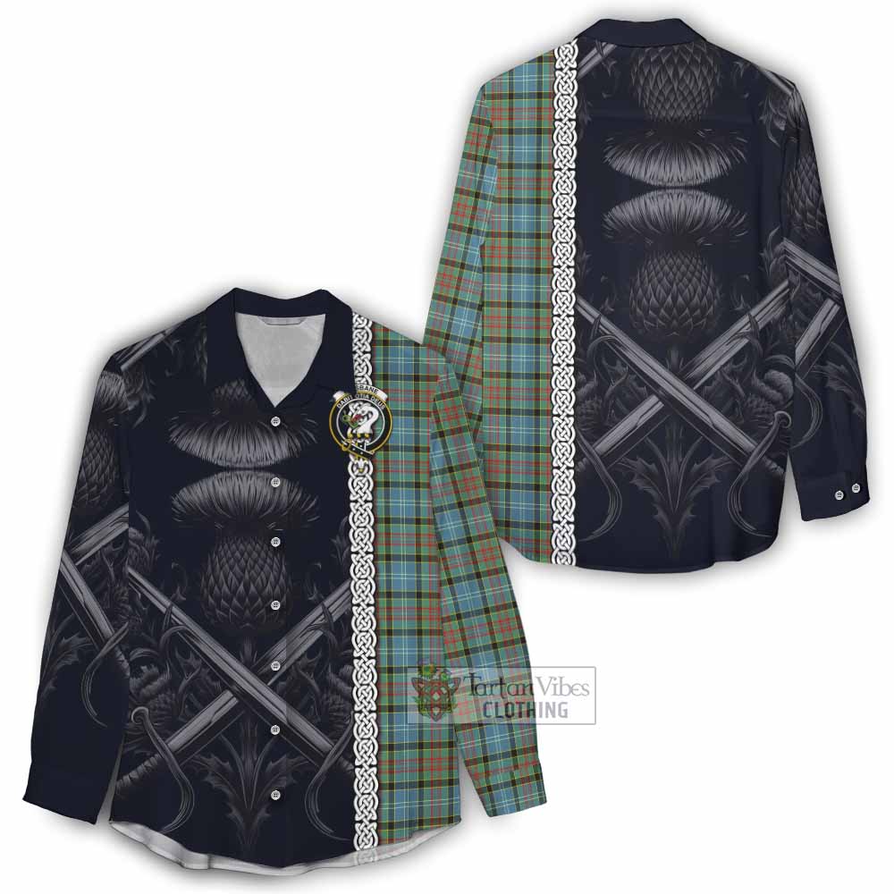 Tartan Vibes Clothing Brisbane Tartan Women's Casual Shirt with Family Crest Cross Sword Thistle Celtic Vibes