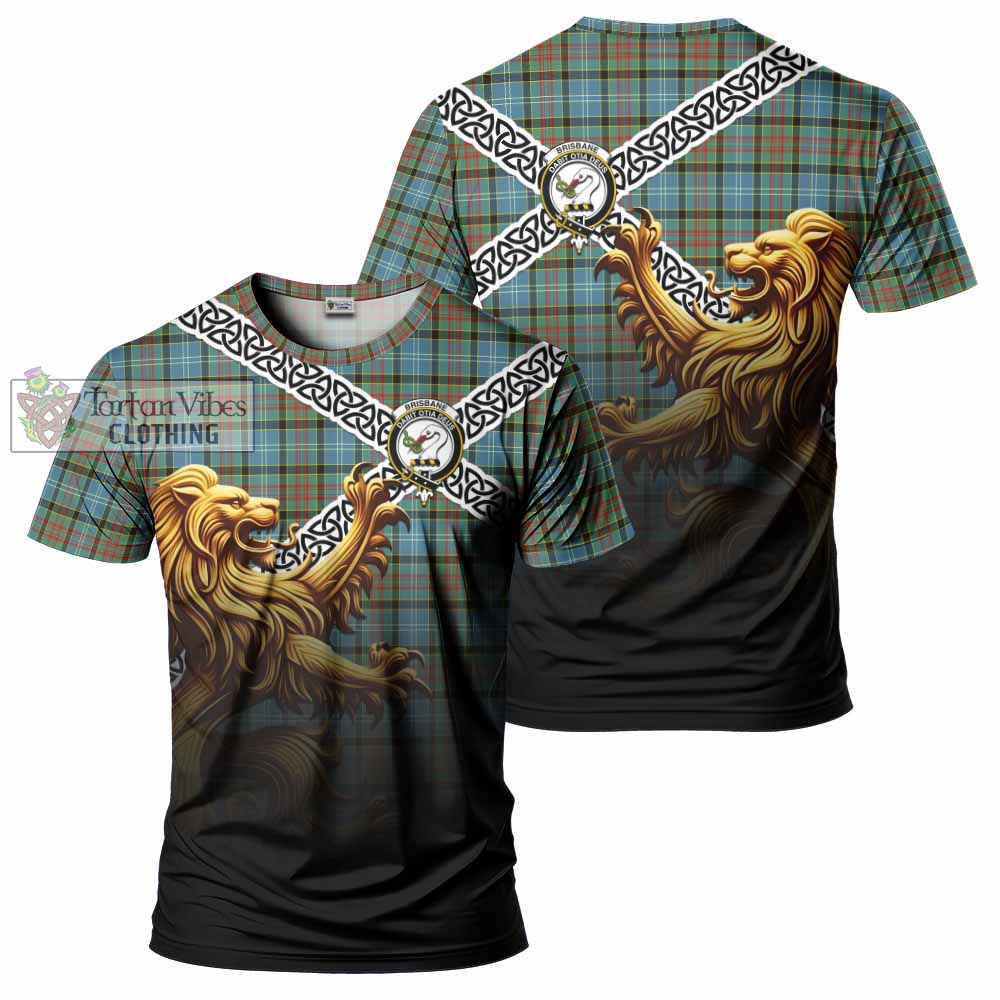 Tartan Vibes Clothing Brisbane Crest Tartan T-Shirt with Golden Lion Emblem Celtic Style