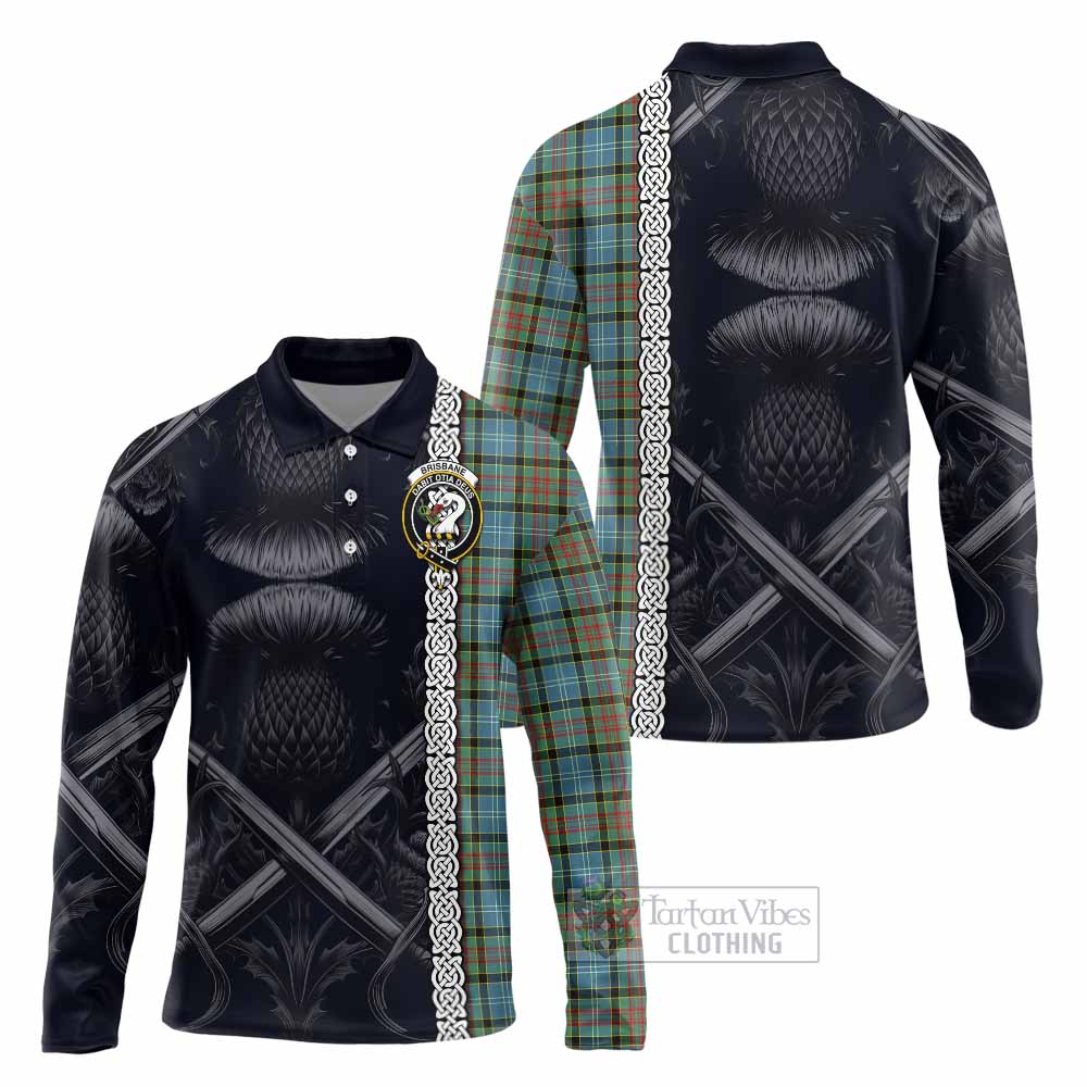 Tartan Vibes Clothing Brisbane Tartan Long Sleeve Polo Shirt with Family Crest Cross Sword Thistle Celtic Vibes