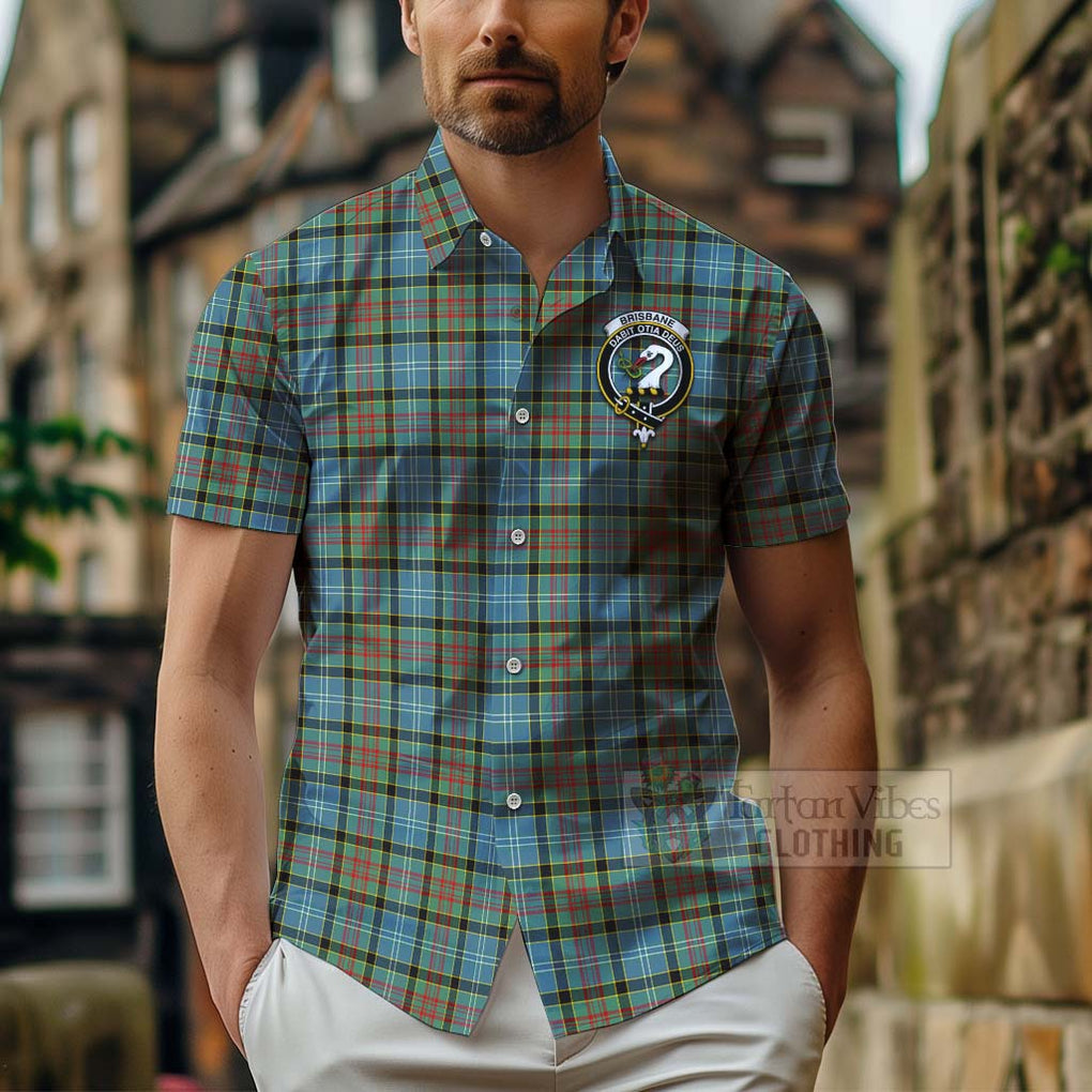 Tartan Vibes Clothing Brisbane Tartan Short Sleeve Button Shirt with Family Crest and Bearded Skull Holding Bottles of Whiskey