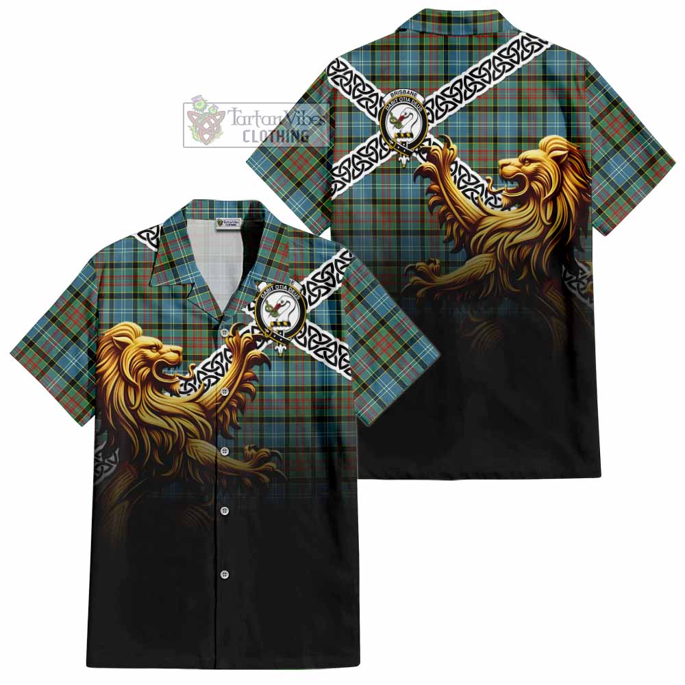 Tartan Vibes Clothing Brisbane Crest Tartan Short Sleeve Button Shirt with Golden Lion Emblem Celtic Style
