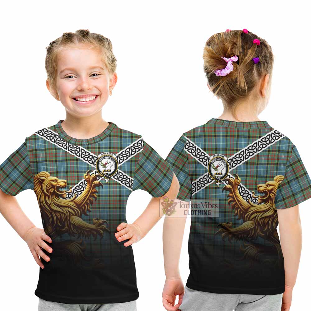 Tartan Vibes Clothing Brisbane Crest Tartan Kid T-Shirt with Golden Lion Emblem Celtic Style