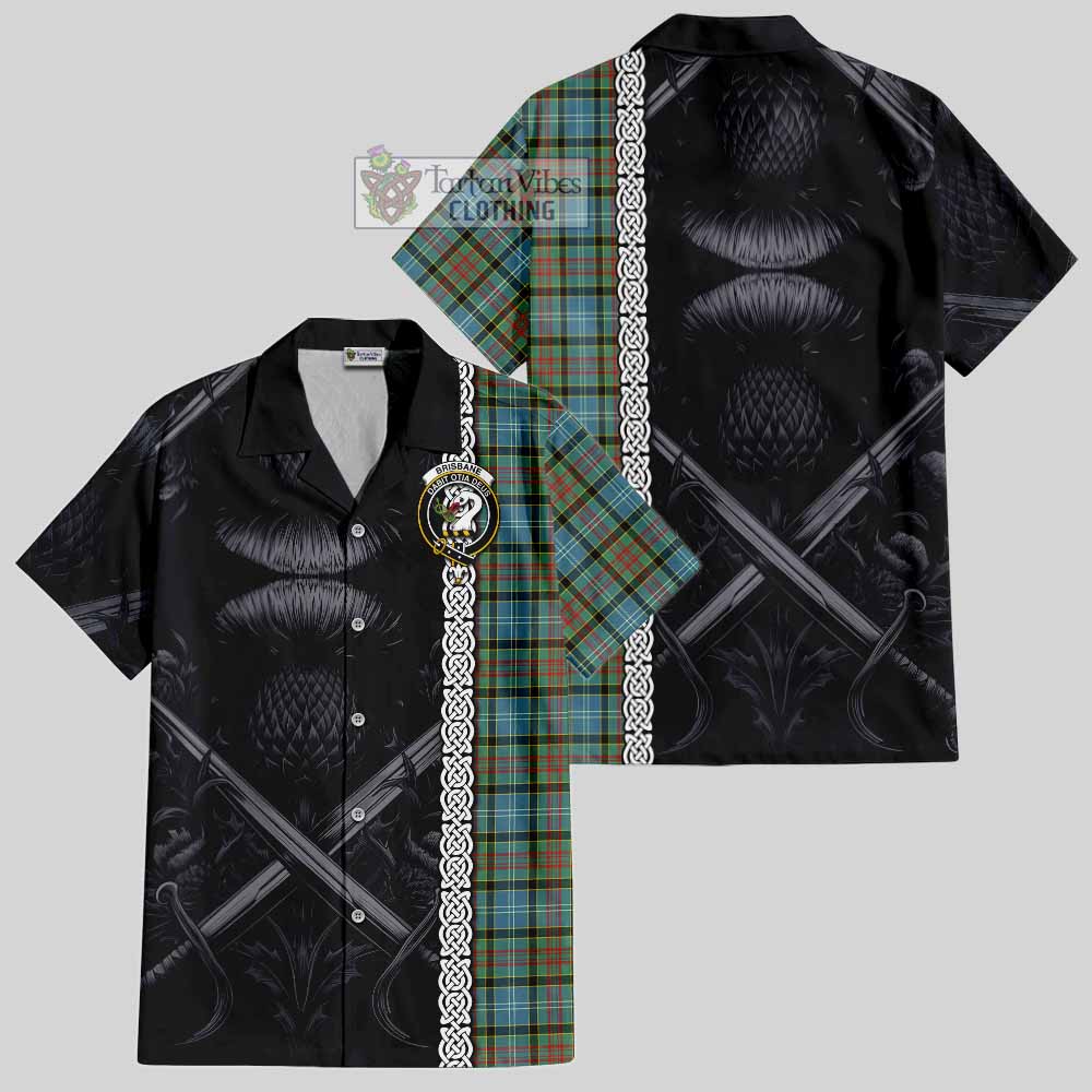 Tartan Vibes Clothing Brisbane Tartan Short Sleeve Button Shirt with Family Crest Cross Sword Thistle Celtic Vibes
