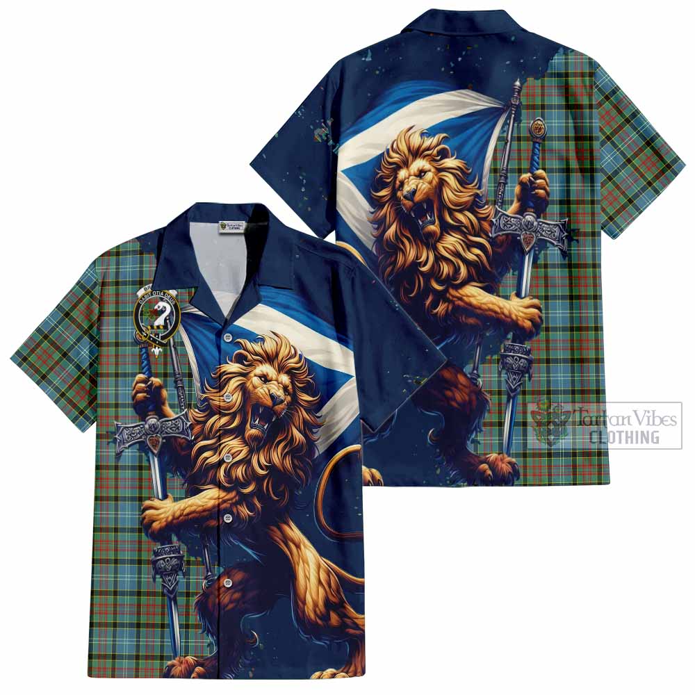 Tartan Vibes Clothing Brisbane Tartan Family Crest Short Sleeve Button Shirt with Scottish Majestic Lion
