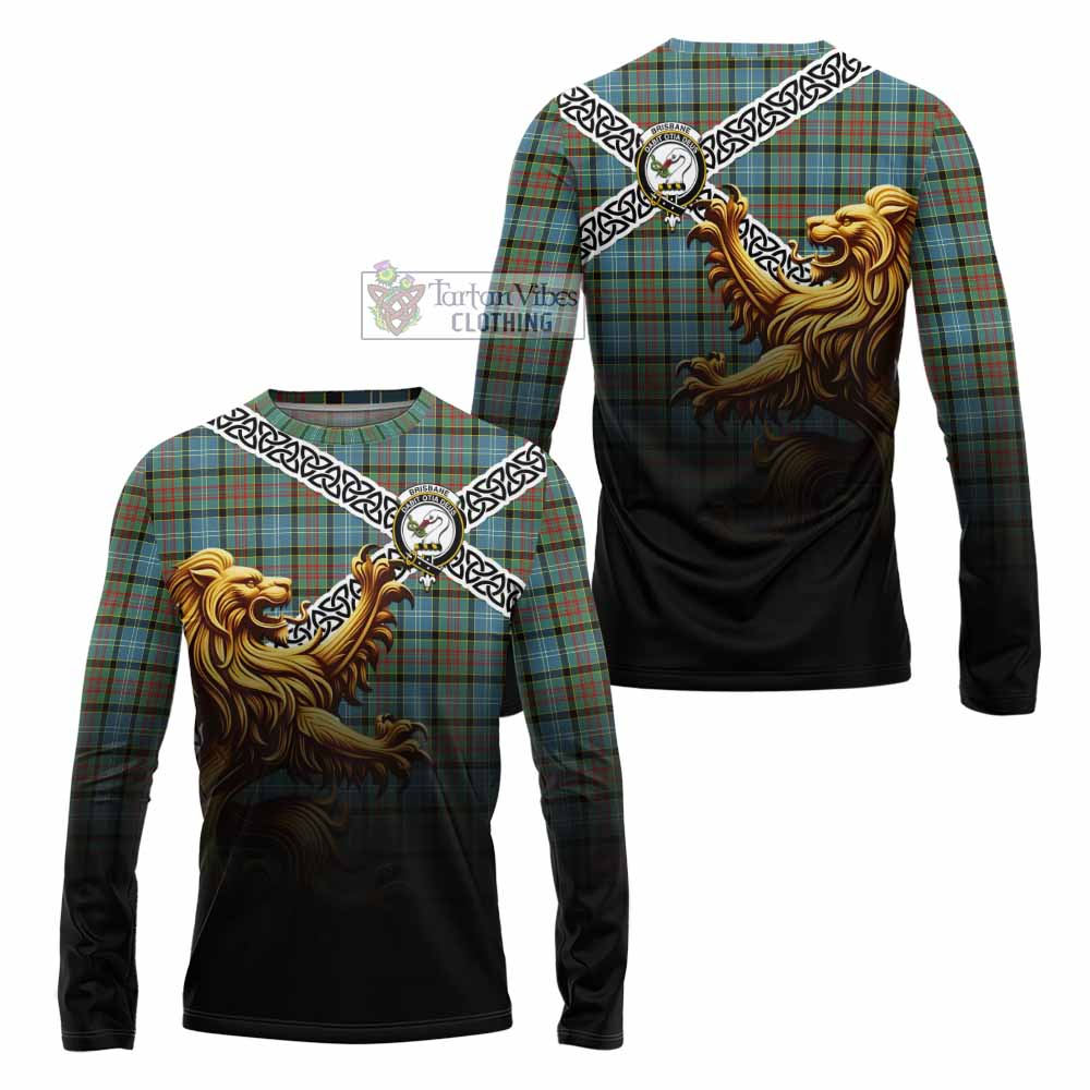 Tartan Vibes Clothing Brisbane Crest Tartan Long Sleeve T-Shirt with Golden Lion Emblem Celtic Style