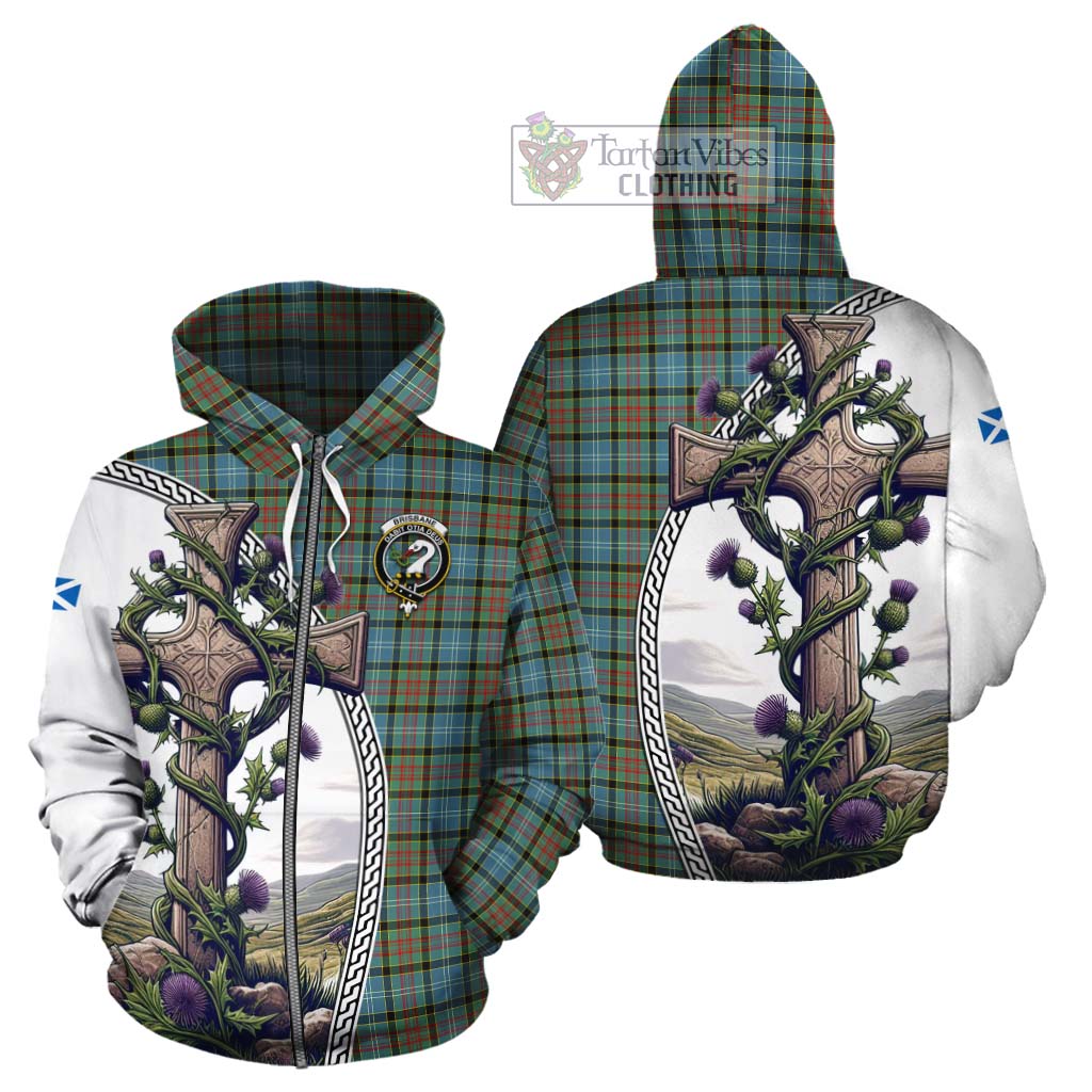 Tartan Vibes Clothing Brisbane Tartan Cotton Hoodie with Family Crest and St. Andrew's Cross Accented by Thistle Vines