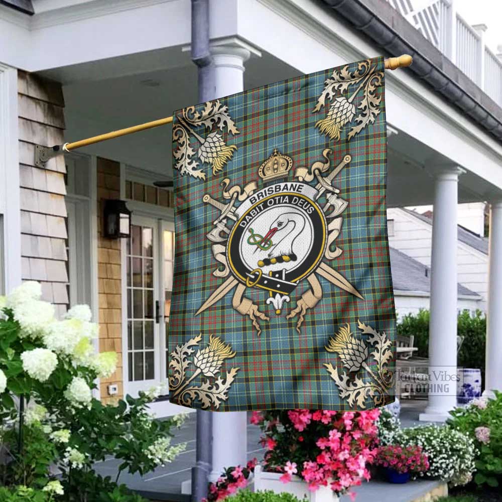 Tartan Vibes Clothing Brisbane Tartan Flag with Family Crest and Golden Thistle Crossed Sword Design