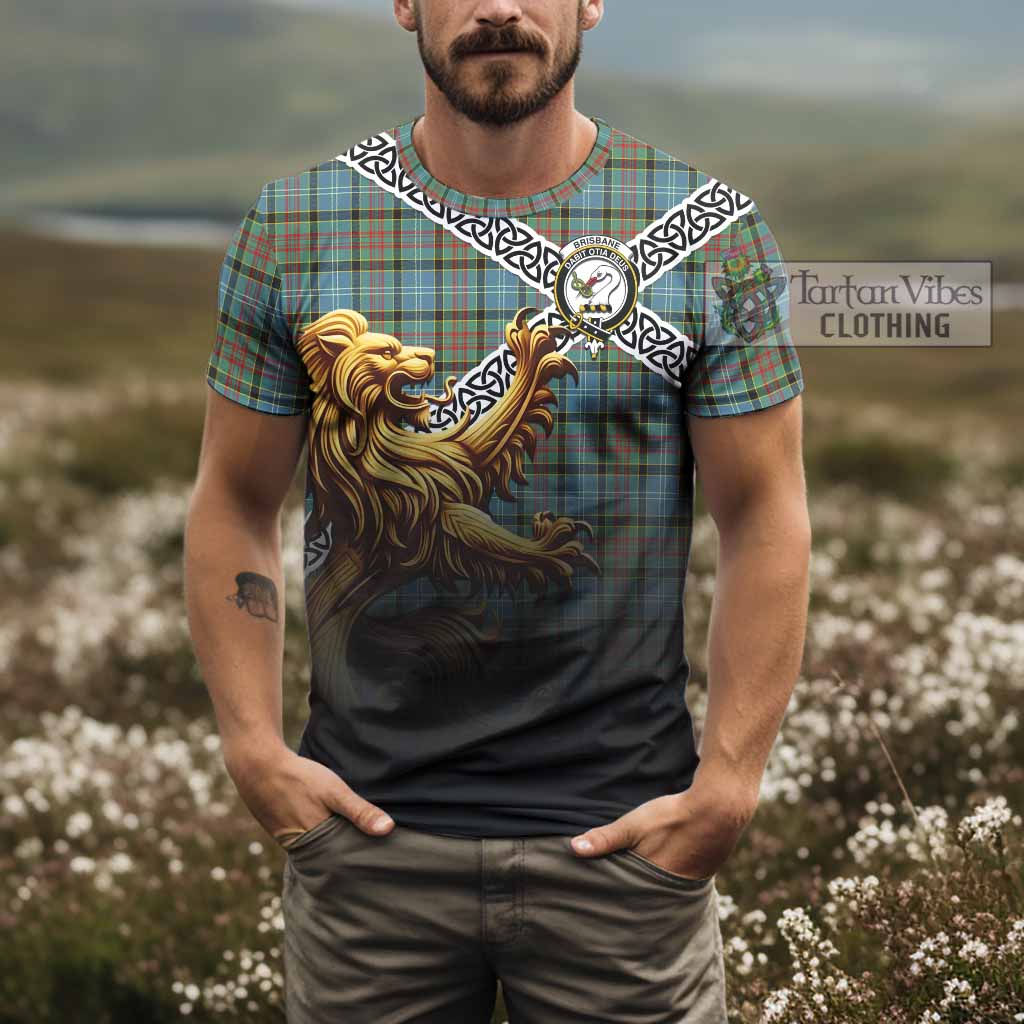 Tartan Vibes Clothing Brisbane Crest Tartan T-Shirt with Golden Lion Emblem Celtic Style
