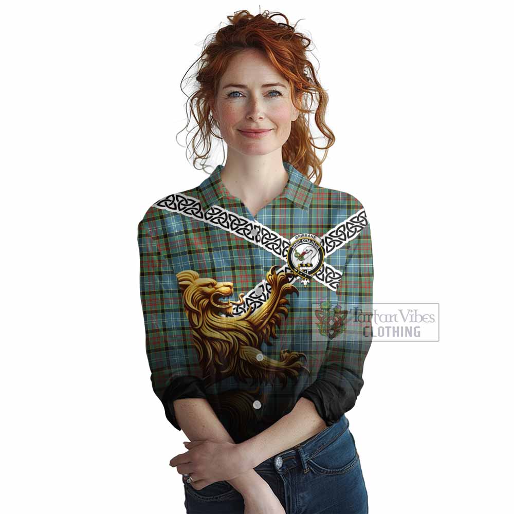 Tartan Vibes Clothing Brisbane Crest Tartan Women's Casual Shirt with Golden Lion Emblem Celtic Style