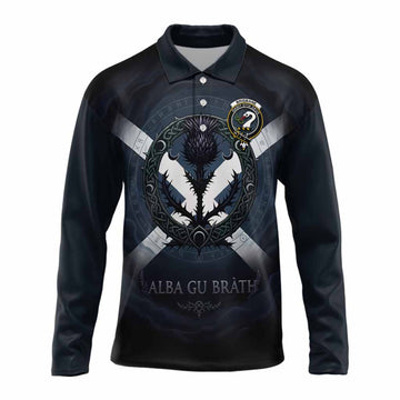 Brisbane Clan Crest Long Sleeve Polo Shirt with Celtic Knot Thistle and Saltire